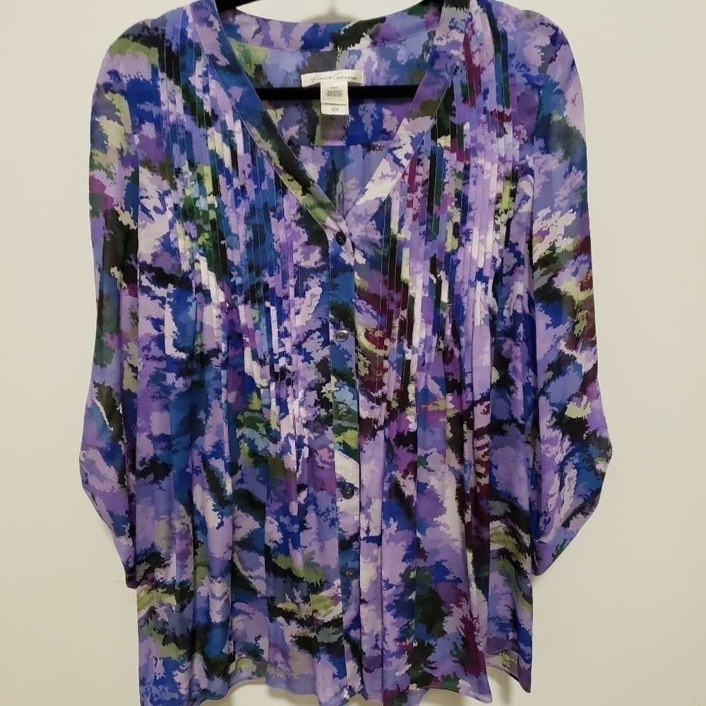 3/$30 KENNETH Cole Purple & Blue Silk Oversized Pleated Blouse size M